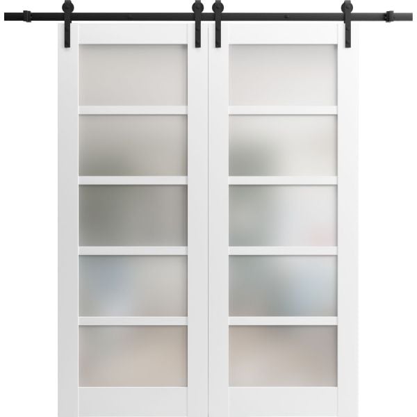 Sturdy Double Barn Door | Quadro 4002 White Silk with Frosted Glass | 13FT Rail Hangers Heavy Set | Solid Panel Interior Doors