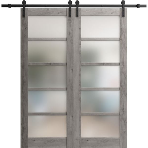 Sturdy Double Barn Door | Quadro 4002 Nebraska Grey with Frosted Glass | 13FT Rail Hangers Heavy Set | Solid Panel Interior Doors