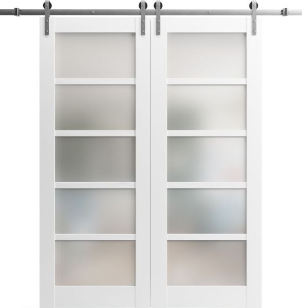 Sturdy Double Barn Door with Frosted Glass | Quadro 4002 White Silk | Silver 13FT Rail Hangers Heavy Set | Solid Panel Interior Doors