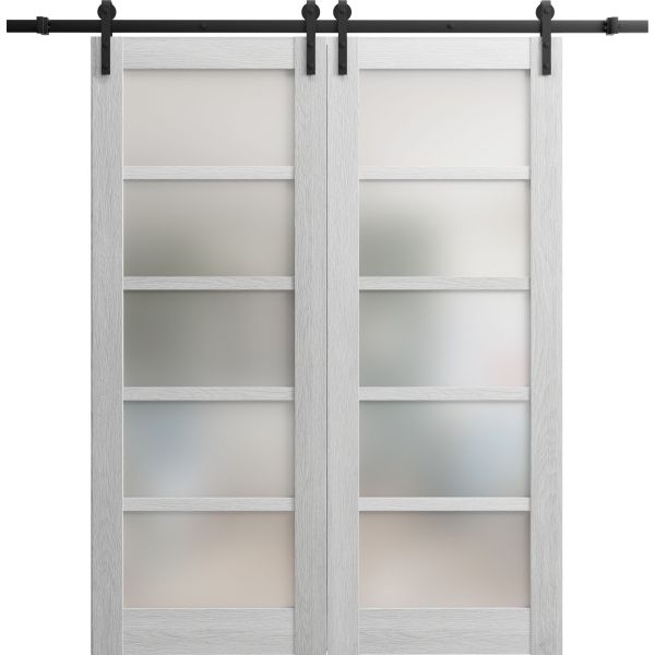 Sturdy Double Barn Door | Quadro 4002 Light Grey Oak with Frosted Glass | 13FT Rail Hangers Heavy Set | Solid Panel Interior Doors