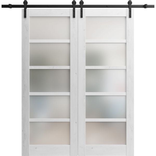 Sturdy Double Barn Door | Quadro 4002 Nordic White with Frosted Glass | 13FT Rail Hangers Heavy Set | Solid Panel Interior Doors