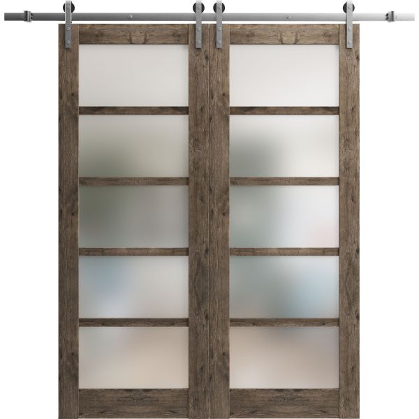 Sturdy Double Barn Door with Frosted Glass | Quadro 4002 Cognac Oak | 13FT Rail Hangers Heavy Set | Solid Panel Interior Doors-64" x 80" (2* 32x80)