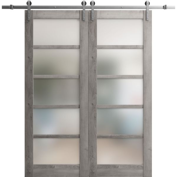 Sturdy Double Barn Door | Quadro 4002 Nebraska Grey with Frosted Glass | Silver 13FT Rail Hangers Heavy Set | Solid Panel Interior Doors