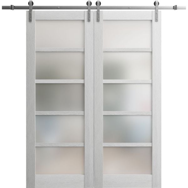 Sturdy Double Barn Door | Quadro 4002 Light Grey Oak with Frosted Glass | Silver 13FT Rail Hangers Heavy Set | Solid Panel Interior Doors