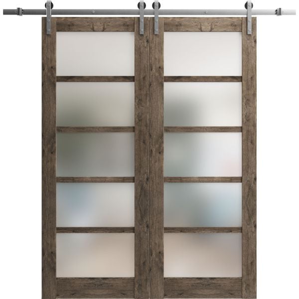 Sturdy Double Barn Door with Frosted Glass | Quadro 4002 Cognac Oak | 13FT Rail Hangers Heavy Set | Solid Panel Interior Doors-36" x 80" (2* 18x80)-Silver Rail