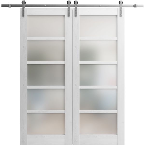 Sturdy Double Barn Door with Frosted Glass | Quadro 4002 Nordic White | 13FT Rail Hangers Heavy Set | Solid Panel Interior Doors-36" x 80" (2* 18x80)-Silver Rail