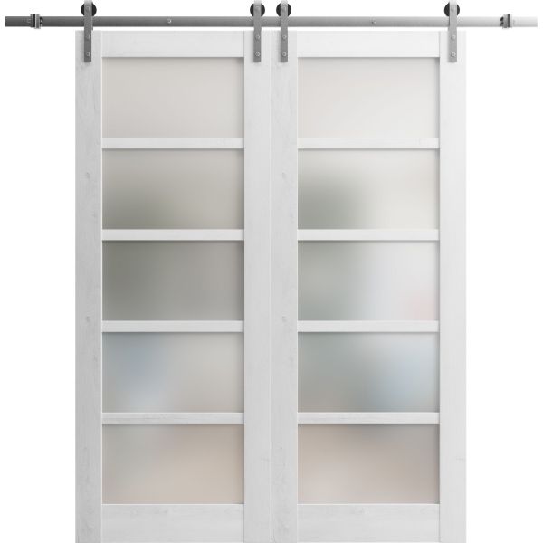Sturdy Double Barn Door with Frosted Glass | Quadro 4002 Nordic White | 13FT Rail Hangers Heavy Set | Solid Panel Interior Doors-64" x 80" (2* 32x80)