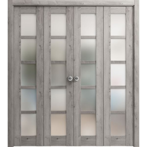 Sliding Closet Double Bi-fold Doors | Quadro 4002 Nebraska Grey with Frosted Glass | Sturdy Tracks Moldings Trims Hardware Set | Wood Solid Bedroom Wardrobe Doors 
