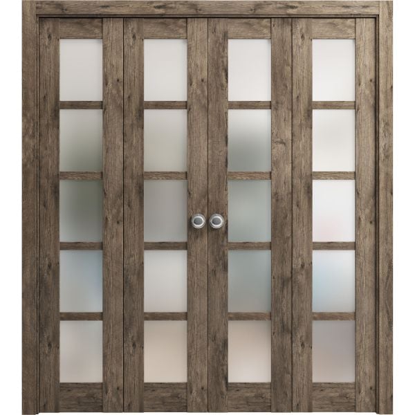 Sliding Closet Double Bi-fold Doors | Quadro 4002 Cognac Oak with Frosted Glass | Sturdy Tracks Moldings Trims Hardware Set | Wood Solid Bedroom Wardrobe Doors 