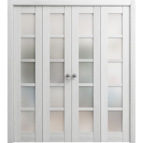 Sliding Closet Double Bi-fold Doors | Quadro 4002 Light Grey Oak with Frosted Glass | Sturdy Tracks Moldings Trims Hardware Set | Wood Solid Bedroom Wardrobe Doors 