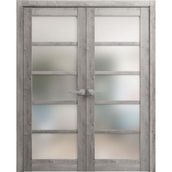 Solid French Double Doors | Quadro 4002 Nebraska Grey with Frosted Glass | Wood Solid Panel Frame Trims | Closet Bedroom Sturdy Doors 