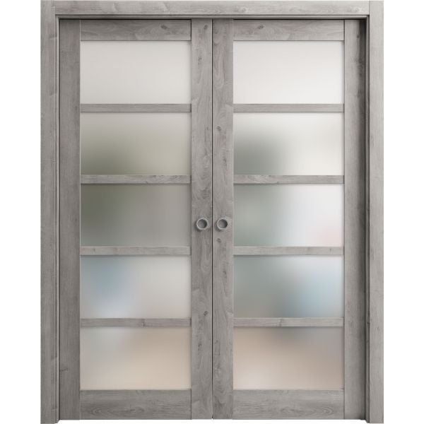 Sliding French Double Pocket Doors | Quadro 4002 Nebraska Grey with Frosted Glass | Kit Trims Rail Hardware | Solid Wood Interior Bedroom Sturdy Doors