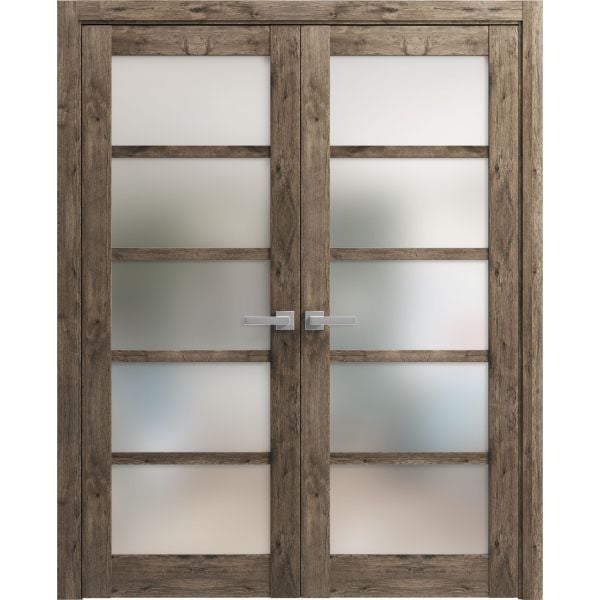 Solid French Double Doors | Quadro 4002 Cognac Oak with Frosted Glass | Wood Solid Panel Frame Trims | Closet Bedroom Sturdy Doors 