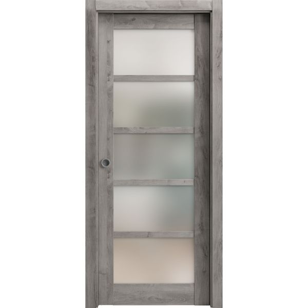 Sliding French Pocket Door | Quadro 4002 Nebraska Grey with Frosted Glass | Kit Trims Rail Hardware | Solid Wood Interior Bedroom Sturdy Doors