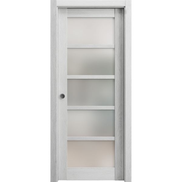 Sliding French Pocket Door | Quadro 4002 Light Grey Oak with Frosted Glass | Kit Trims Rail Hardware | Solid Wood Interior Bedroom Sturdy Doors
