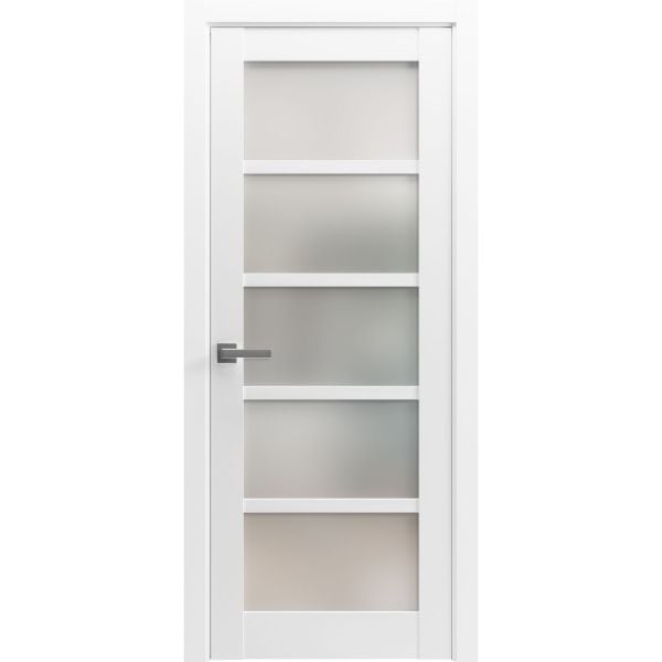 Solid Interior French | Quadro 4002 White Silk with Frosted Glass | Single Regular Panel Frame Trims Handle | Bathroom Bedroom Sturdy Doors -18" x 80"-Butterfly-Frosted