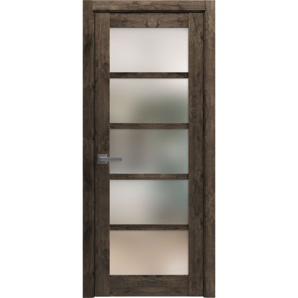 Solid French Door | Quadro 4002 Cognac Oak with Frosted Glass | Single Regular Panel Frame Trims Handle | Bathroom Bedroom Sturdy Doors 