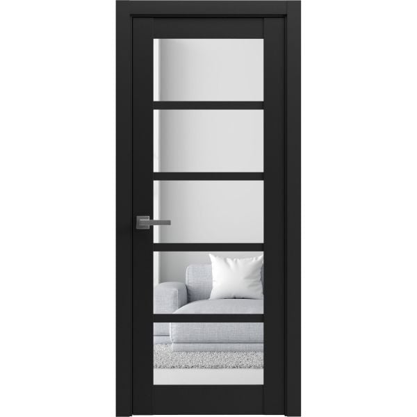 Solid Interior French | Quadro 4522 Matte Black with Clear Glass | Single Regular Panel Frame Trims Handle | Bathroom Bedroom Sturdy Doors -18" x 80"-Butterfly-Clear