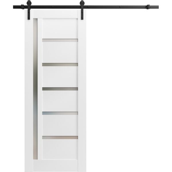 Sturdy Barn Door | Quadro 4088 White Silk with Frosted Glass | 6.6FT Rail Hangers Heavy Hardware Set | Solid Panel Interior Doors-18" x 80"-Frosted Glass-Black Rail