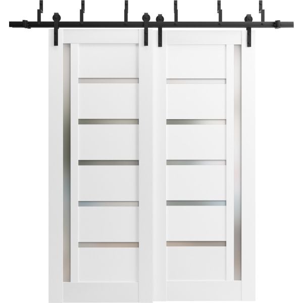 Sliding Closet Barn Bypass Doors | Quadro 4088 White Silk with Frosted Glass | Sturdy 6.6ft Rails Hardware Set | Wood Solid Bedroom Wardrobe Doors 