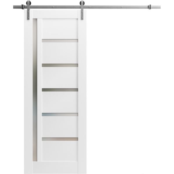 Sturdy Barn Door | Quadro 4088 White Silk with Frosted Glass | Silver 6.6FT Rail Hangers Heavy Hardware Set | Solid Panel Interior Doors