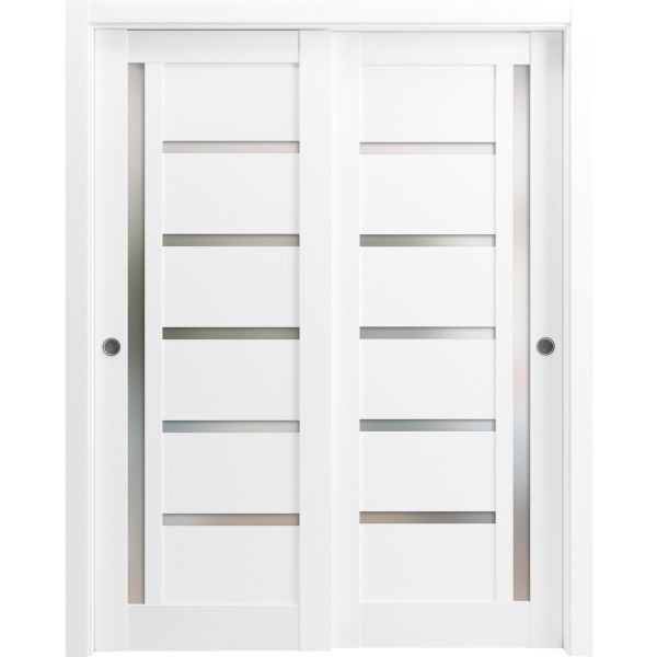 Sliding Closet Bypass Doors | Quadro 4088 White Silk with Frosted Glass | Sturdy Rails Moldings Trims Hardware Set | Wood Solid Bedroom Wardrobe Doors 