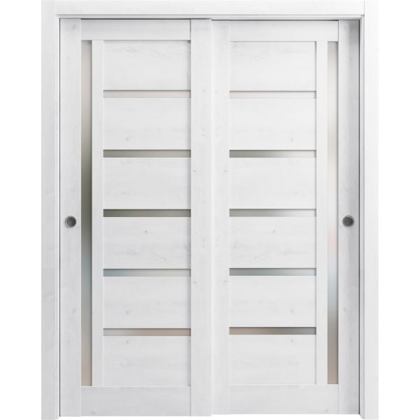 Sliding Closet Bypass Doors | Quadro 4088 Nordic White with Frosted Glass | Sturdy Rails Moldings Trims Hardware Set | Wood Solid Bedroom Wardrobe Doors 