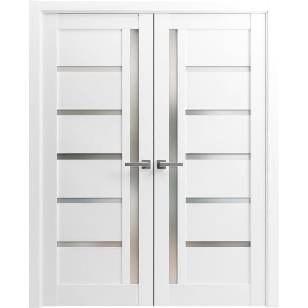 French Double Panel Lite Doors with Hardware | Quadro 4088 White Silk with Frosted Opaque Glass | Panel Frame Trims | Bathroom Bedroom Interior Sturdy Door-36" x 80" (2* 18x80)-Butterfly-Frosted Glass
