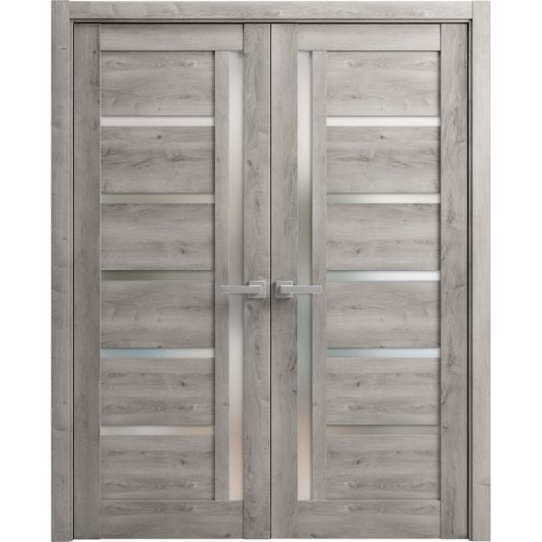 Solid French Double Doors | Quadro 4088 Nebraska Grey with Frosted Glass | Wood Solid Panel Frame Trims | Closet Bedroom Sturdy Doors 