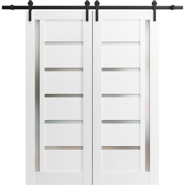 Sturdy Double Barn Door with | Quadro 4088 White Silk with Frosted Glass | 13FT Rail Hangers Heavy Set | Solid Panel Interior Doors-36" x 80" (2* 18x80)-Black Rail-Frosted Glass