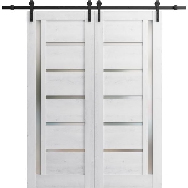 Sturdy Double Barn Door | Quadro 4088 Nordic White with Frosted Glass | 13FT Rail Hangers Heavy Set | Solid Panel Interior Doors