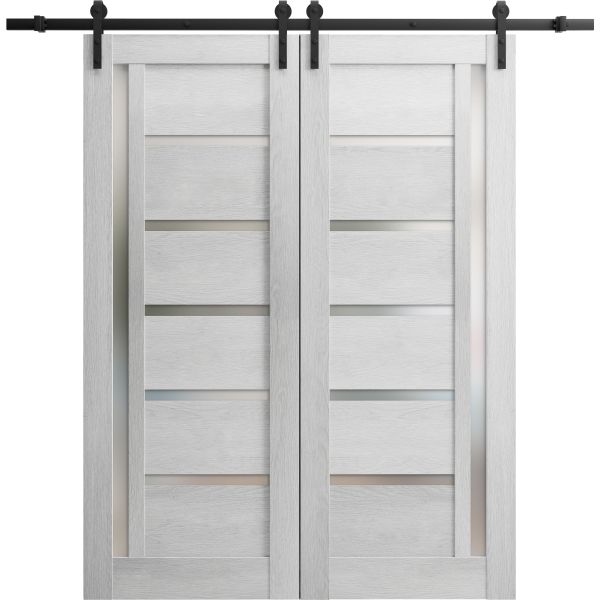 Sturdy Double Barn Door | Quadro 4088 Light Grey Oak with Frosted Glass | 13FT Rail Hangers Heavy Set | Solid Panel Interior Doors