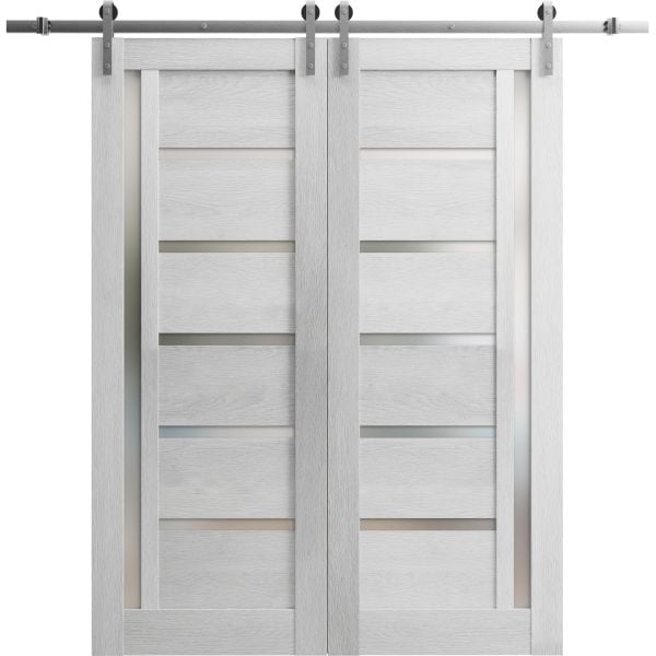 Sturdy Double Barn Door with Frosted Glass | Quadro 4088 Light Grey Oak | 13FT Rail Hangers Heavy Set | Solid Panel Interior Doors-36" x 80" (2* 18x80)-Silver Rail