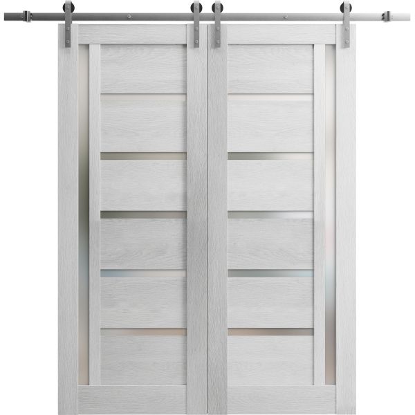 Sturdy Double Barn Door with Frosted Glass | Quadro 4088 Light Grey Oak | 13FT Rail Hangers Heavy Set | Solid Panel Interior Doors-60" x 96" (2* 30x96)