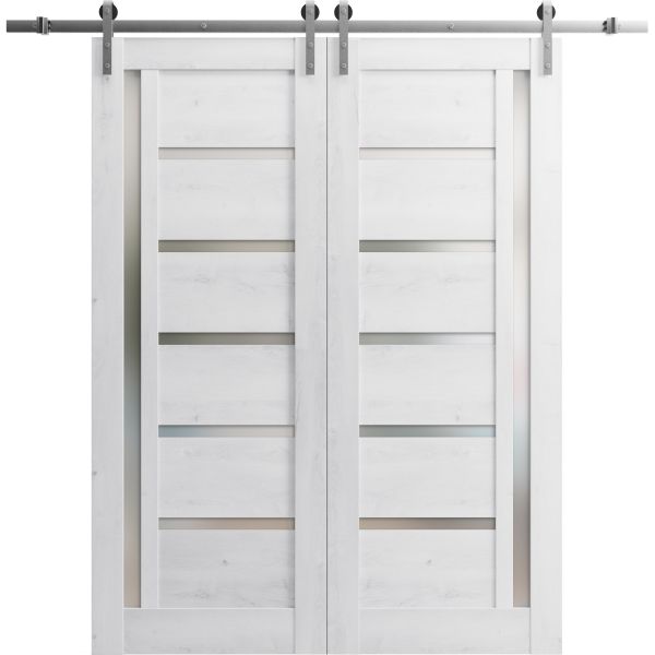Sturdy Double Barn Door with Frosted Glass | Quadro 4088 Nordic White | 13FT Rail Hangers Heavy Set | Solid Panel Interior Doors-64" x 80" (2* 32x80)