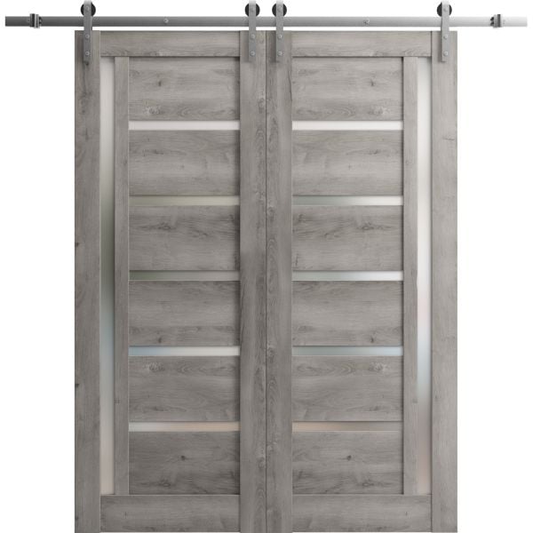 Sturdy Double Barn Door | Quadro 4088 Nebraska Grey with Frosted Glass | Silver 13FT Rail Hangers Heavy Set | Solid Panel Interior Doors