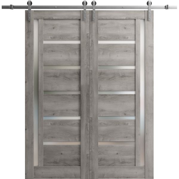 Sturdy Double Barn Door with Frosted Glass | Quadro 4088 Nebraska Grey | 13FT Rail Hangers Heavy Set | Solid Panel Interior Doors-84" x 80" (2* 42x80)