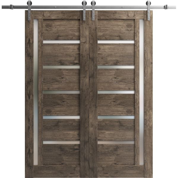 Sturdy Double Barn Door | Quadro 4088 Cognac Oak with Frosted Glass | Silver 13FT Rail Hangers Heavy Set | Solid Panel Interior Doors