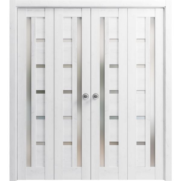 Sliding Closet Double Bi-fold Doors | Quadro 4088 Nordic White with Frosted Glass | Sturdy Tracks Moldings Trims Hardware Set | Wood Solid Bedroom Wardrobe Doors 
