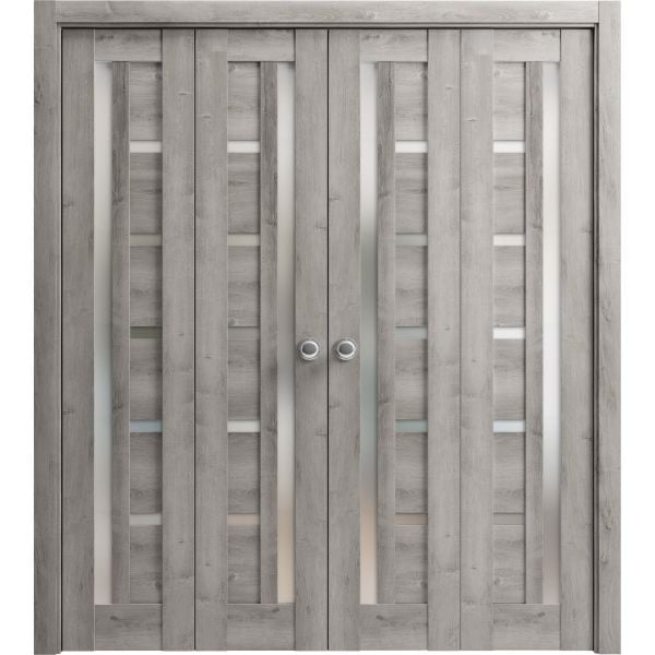 Sliding Closet Double Bi-fold Doors | Quadro 4088 Nebraska Grey with Frosted Glass | Sturdy Tracks Moldings Trims Hardware Set | Wood Solid Bedroom Wardrobe Doors 