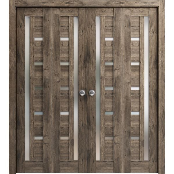 Sliding Closet Double Bi-fold Doors | Quadro 4088 Cognac Oak with Frosted Glass | Sturdy Tracks Moldings Trims Hardware Set | Wood Solid Bedroom Wardrobe Doors 
