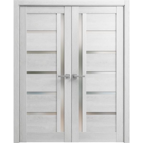 Solid French Double Doors | Quadro 4088 Light Grey Oak with Frosted Glass | Wood Solid Panel Frame Trims | Closet Bedroom Sturdy Doors 