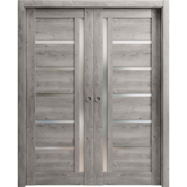 Sliding French Double Pocket Doors | Quadro 4088 Nebraska Grey with Frosted Glass | Kit Trims Rail Hardware | Solid Wood Interior Bedroom Sturdy Doors