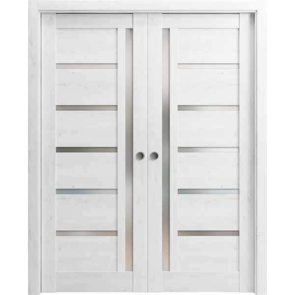 Sliding French Double Pocket Doors | Quadro 4088 Nordic White with Frosted Glass | Kit Trims Rail Hardware | Solid Wood Interior Bedroom Sturdy Doors