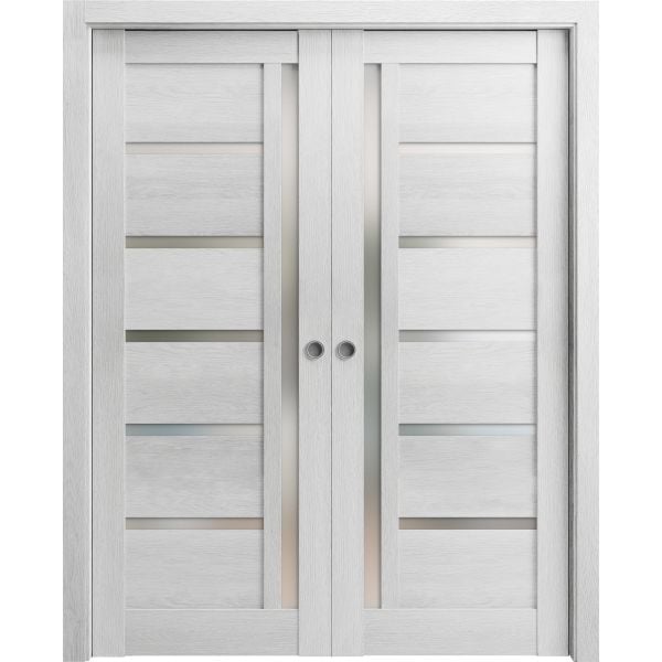 Sliding French Double Pocket Doors | Quadro 4088 Light Grey Oak with Frosted Glass | Kit Trims Rail Hardware | Solid Wood Interior Bedroom Sturdy Doors