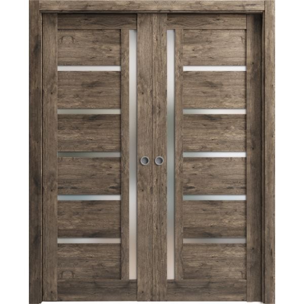Sliding French Double Pocket Doors | Quadro 4088 Cognac Oak with Frosted Glass | Kit Trims Rail Hardware | Solid Wood Interior Bedroom Sturdy Doors