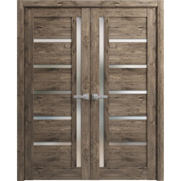 Solid French Double Doors | Quadro 4088 Cognac Oak with Frosted Glass | Wood Solid Panel Frame Trims | Closet Bedroom Sturdy Doors 