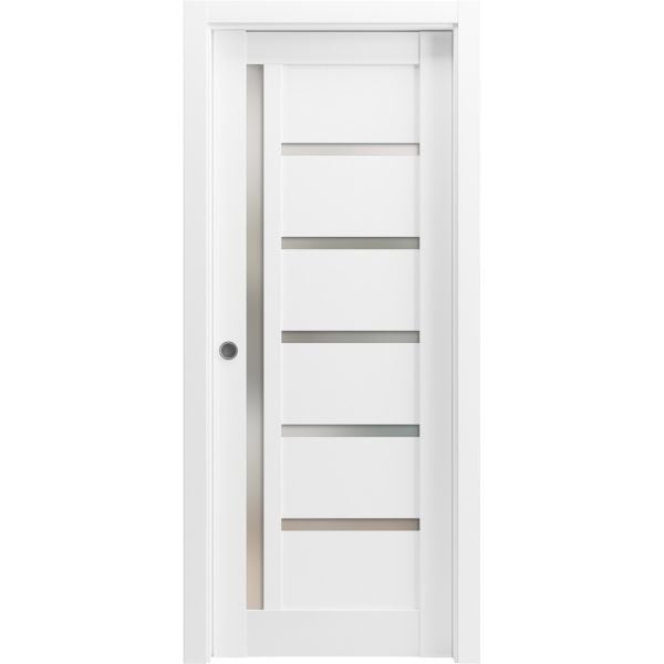 Panel Lite Pocket Door | Quadro 4088 White Silk with Frosted Glass | Kit Trims Rail Hardware | Solid Wood Interior Pantry Kitchen Bedroom Sliding Closet Sturdy Doors
