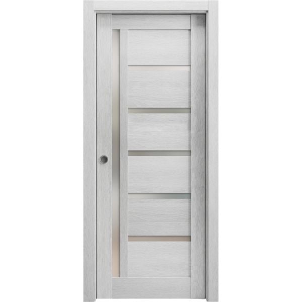 Sliding French Pocket Door | Quadro 4088 Light Grey Oak with Frosted Glass | Kit Trims Rail Hardware | Solid Wood Interior Bedroom Sturdy Doors