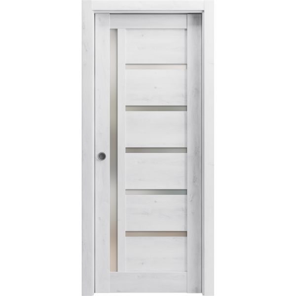 Sliding French Pocket Door | Quadro 4088 Nordic White with Frosted Glass | Kit Trims Rail Hardware | Solid Wood Interior Bedroom Sturdy Doors